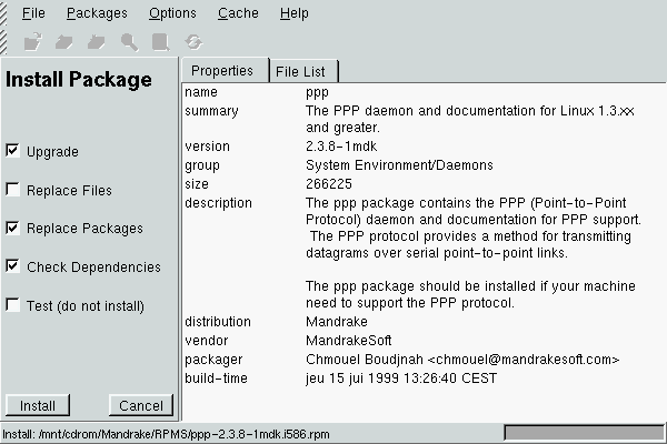 Information displayed by Kpackage